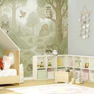 Woodland Animal Wallpaper Peel and Stick Nursery, Soft Forest Wall Mural with Fox, Deer & Owl for Kids Room Scandinavian Woodland Wall paper
