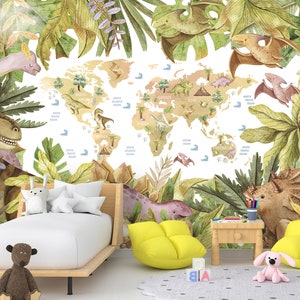 World Map Wallpaper for Kids Nursery Dino Removable Dinosaur Wall Mural Playroom Adhesive Pastel Tropical Wall Decor Non-Woven Cute Dinosaur