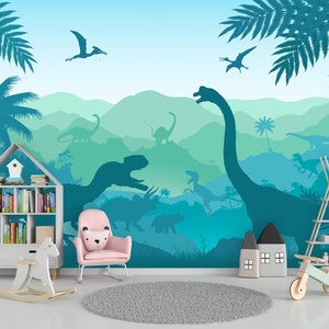Dino Wallpaper for Toddler Boy Nursery Blue / Large Jurassic World Wall Mural Kids Bedroom Removable / Mountain Wallpaper Adhesive Non-Woven