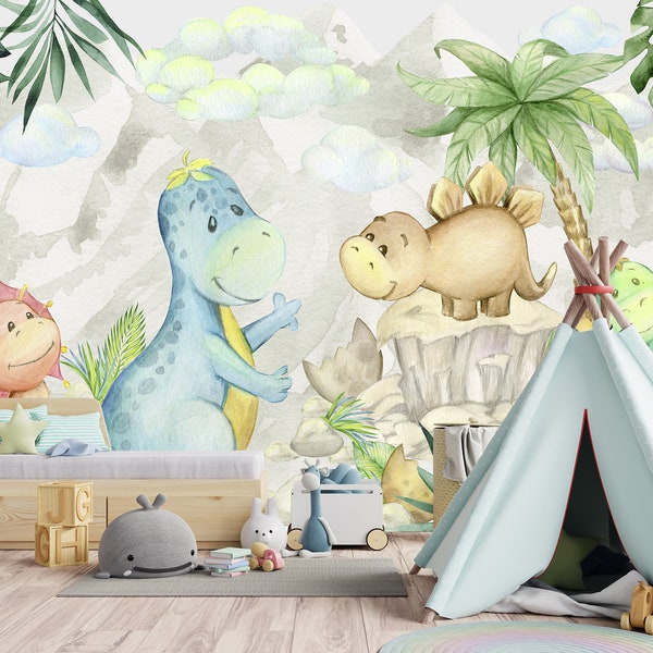 Dinosaur Wallpaper Peel and Stick Baby Nursery, Cute Dinosaur Wall Mural Removable, Large Jurassic World Decor Bedroom, Playroom Wallpaper