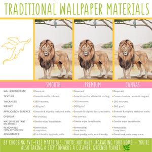 The image is a collage of three images depicting different types of traditional wallpaper materials: smooth, premium, and canvas.