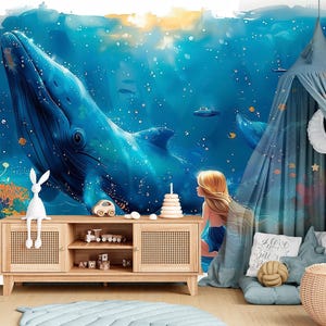 Underwater Fantasy Whale Wallpaper Peel and Stick Kids Room Removable, Ocean Adventure Mural, Mermaid Girl Wall Art, Deep Sea Nursery Decor