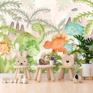 Dinosaur Wallpaper Peel and Stick for Baby Bedroom Removable, Playroom Wall paper Mural, Colorful Wallpaper Personalized Dinosaur Adhesive