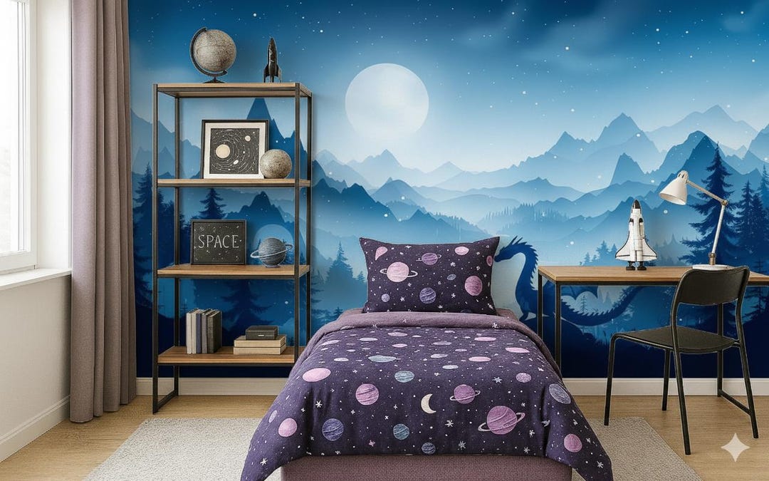 Dragon Wallpaper Peel and Stick Toddler Boy Playroom Blue, Mountain ...