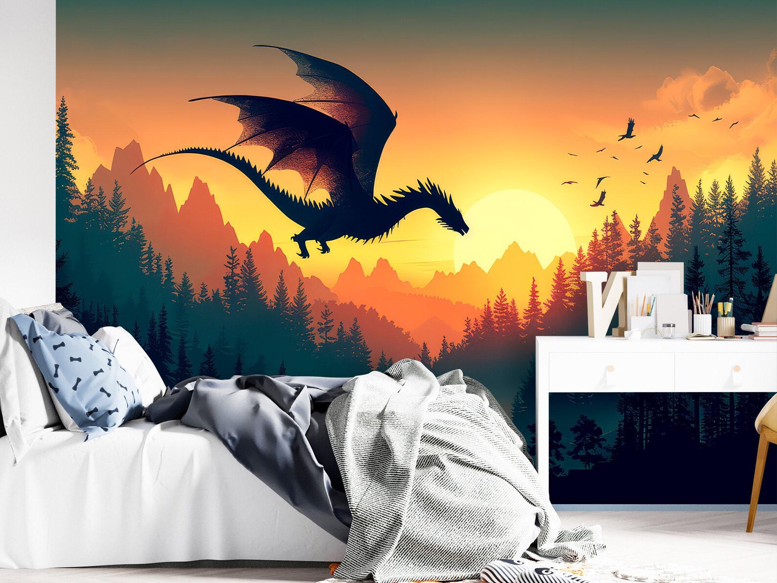 Dragon Wallpaper Peel and Stick Bedroom, Mountain Wall Paper Mural ...