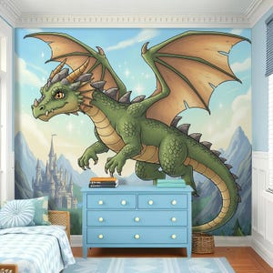 Dragon Wallpaper Peel and Stick Toddler Bedroom, Magic Forest Wallpaper Boy Nursery Removable Decor, Mountain Landscape Mural Room Wallpaper