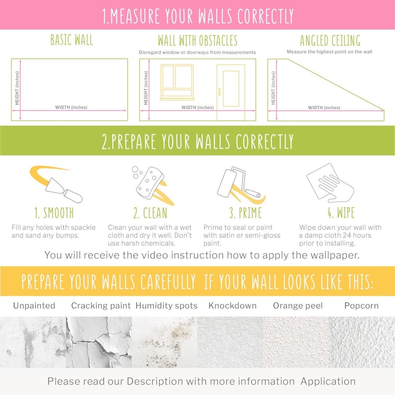 The image is a detailed guide on how to prepare walls for wallpapering, providing step-by-step instructions and illustrations.