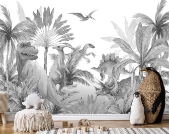 Dinosaurs Wallpaper for Boy Nursery Monochrome, Jurassic World Wall Mural Removable, Wallcovering Kids Playroom, Self-Adhesive, Peel & Stick