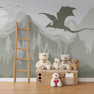 Dragon Wallpaper Peel and Stick Boy Nursery, Forest Landscape Wallpaper Mural Adhesive, Mountain Wall paper Bedroom Removable Wall Art Woven