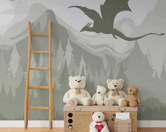 Dragon Wallpaper Peel and Stick Boy Nursery, Forest Landscape Wallpaper Mural Adhesive, Mountain Wall paper Bedroom Removable Wall Art Woven