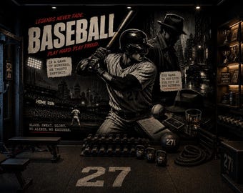 Dark Baseball Peel and Stick Wallpaper, Non Woven Sports Wall Mural, Vintage Noir Gym Decor, Man Cave & Teen Boy Room