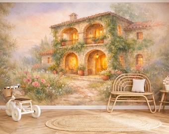 Watercolor Mediterranean House Wallpaper Peel and Stick, Tuscan Villa Wall Mural, Cozy Garden Landscape Nursery Kids Room Decor