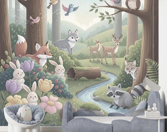 Cute Forest Animals Wallpaper Peel and Stick Nursery Soft Forest Wall Mural with Fox, Deer & Owl for Kids Room Nature Theme Baby Room Decor
