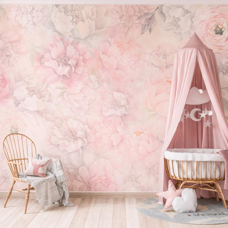 Pink Watercolor Peony Peel and Stick Wallpaper Baby Nursery, Peonies ...