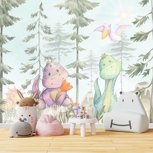 Dinosaur Wallpaper Peel and Stick Baby Nursery, Landscape Wallpaper Mural Removable, Watercolor Forest Bedroom Wallpaper Adhesive Non-Woven