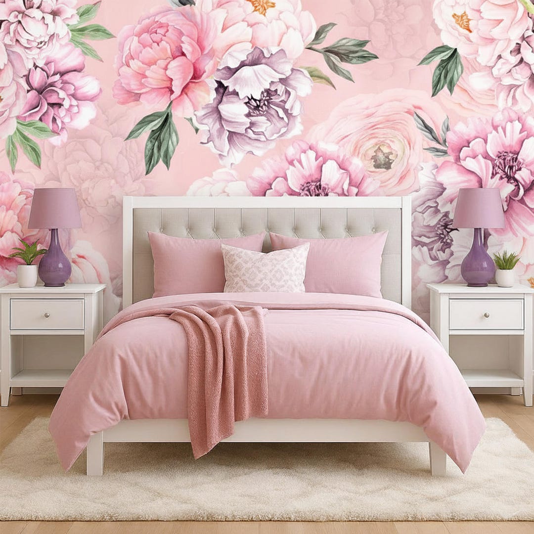 Pink Watercolor Peony Wallpaper Peel and Stick, Vintage Floral Wall ...