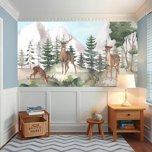 Woodland Animal Wallpaper Playroom Peel & Stick Removable Watercolor Bear Deer Wallpaper Nursery Wall paper Bedroom Magic Forest Decor EM548