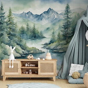 Mountain Wallpaper Peel and Stick Boy Girl Play Room. Watercolor Forest Wall paper Toddler Nursery. Dragon Theme Mural Bedroom Eco-Friendly