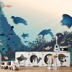 Ocean Wall paper for Kids Nursery, Under the Sea Life Wallpaper Mural Bedroom Blue Temporary, Nursery Décor Custom, Removable Peel and Stick