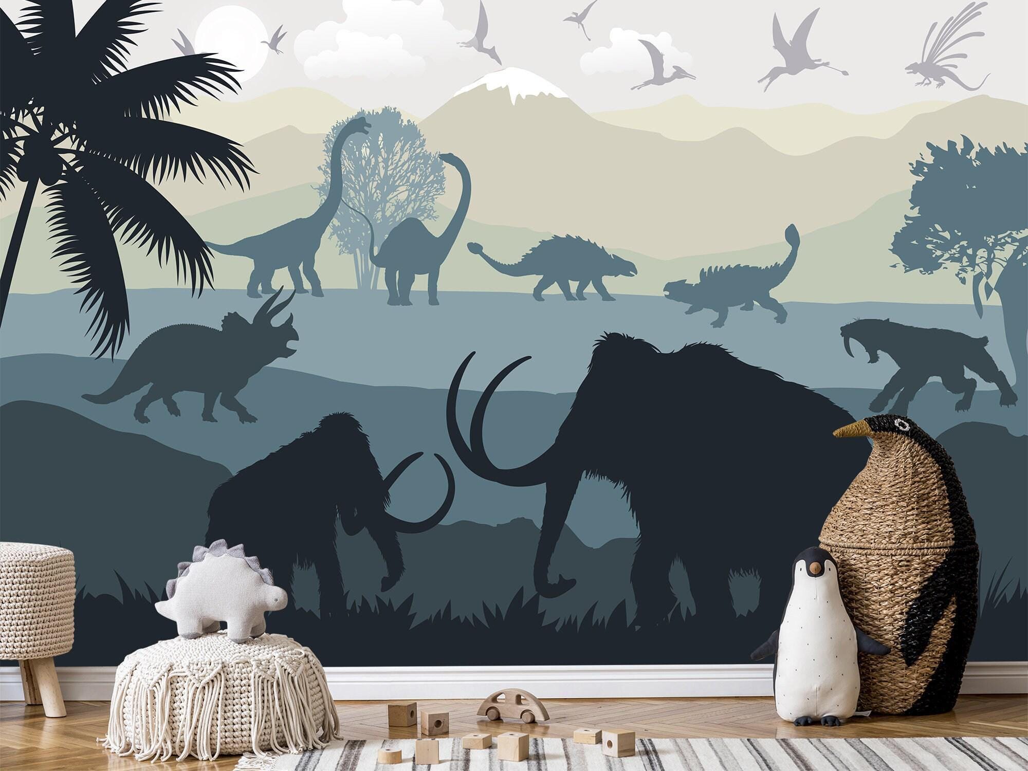 Dark Jurassic World Wallpaper for Toddler Boy Nursery Custom Printed Mural Mammoth Wallpaper Kids Removable. Peel & Stick Adhesive Non-Woven