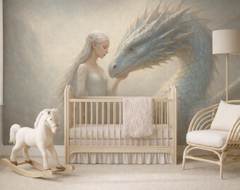 Magical Dragon Peel and Stick Wallpaper Nursery, Elf Princess & Ice Dragon Wall Mural Removable, Fantasy Pastel Wall Decor for Girl Bedroom