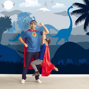 Blue Ombre Dinosaur Wallpaper Toddler Boy Nursery  / Custom Size Jurassic World Wall Mural / Playroom Wallpaper  Mountain Decor