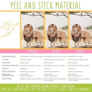 The image is a collage of three images depicting a lion in different environments, including a smooth texture, a no-pVC canvas texture, and a smooth texture with no peel and stick.