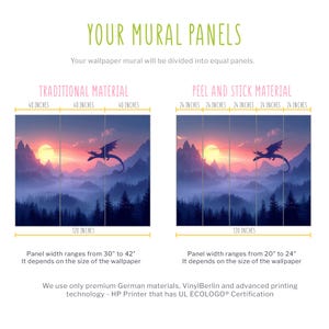 The image is a collage of two panels, each depicting a serene landscape with a dragon flying over a mountainous terrain at sunset. The panels are divided into equal panels, and the wall mural will be divided into equal panels.