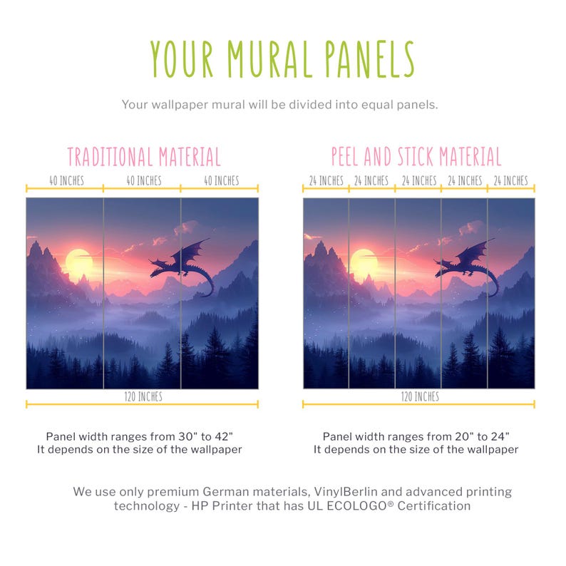 The image is a collage of two panels, each depicting a serene landscape with a dragon flying over a mountainous terrain at sunset. The panels are divided into equal panels, and the wall mural will be divided into equal panels.