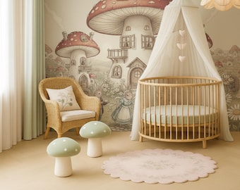 Fairytale Mushroom Village Wallpaper Peel and Stick Nursery Mural with Forest Animals and Storybook Style Decor for Kids Room