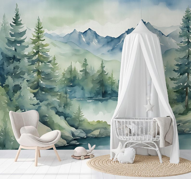 Mountain Wallpaper Peel and Stick Boy Girl Play Room. Watercolor Forest ...