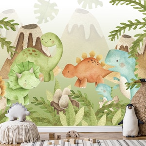 Watercolor Dino Wallpaper Baby Nursery Removable / Large Jurassic World Wall Mural Kids Pastel Mountain Wallpaper Eco-Friendly Non-Woven