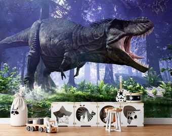 Dinosaurs Wallpaper for Boy Nursery Navy Blue Jurassic World Wall Mural Removable Kids Playroom Tropical Leaf  Self-Adhesive  Peel & Stick