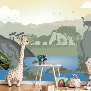Grey Green Pastel Jurassic World Wallpaper - Mountain Wall Mural Boy Room Personalized Print Sizes - Peel & Stick Dinosaur Wallpaper Kids