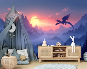 Dragon Wallpaper Peel and Stick Toddler Playroom, Forest Wallpaper Girl Boy Nursery Decor, Mountain Wallpaper Landscape Mural Bedroom