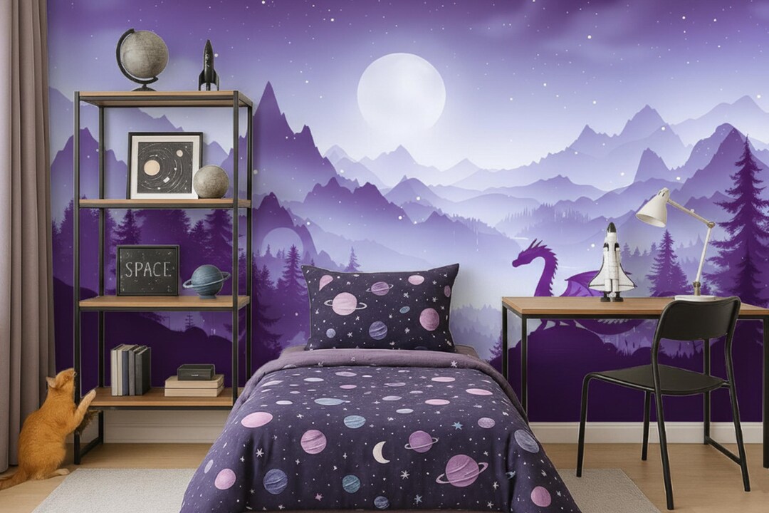 Dragon Wallpaper Peel and Stick Toddler Girl Playroom Purple Mountain ...