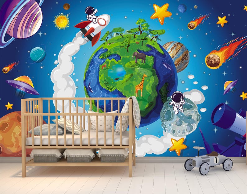 Planet Wall Mural Outer Space Wallpaper Peel and Stick for Kids Room ...