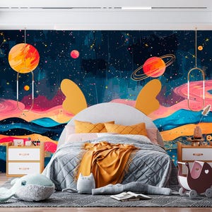 Space Wallpaper Peel and Stick Bedroom Colorful Wallpaper, Rainbow Galaxy Mural Removable, Dark Outer Space Wall paper Universe Galaxy Wall