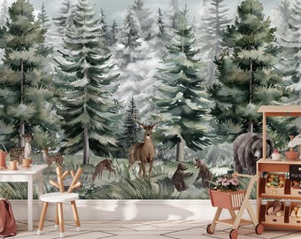 Woodland Animal Wallpaper Playroom Peel & Stick Removable Watercolor Forest Wall Mural Nursery Wall paper Kids Room Magic Forest Decor EM549