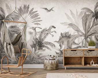 Dinosaur Wallpaper Peel and Stick Nursery Monochrome, Jurassic World Wall Mural Removable, Wallcovering Kids Playroom, Self-Adhesive