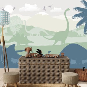 Dinosaur Wallpaper for Boy Nursery Blue Removable / Large Jurassic World Wall Mural Kids Bedroom / Playroom Wallpaper with Mountain Decor