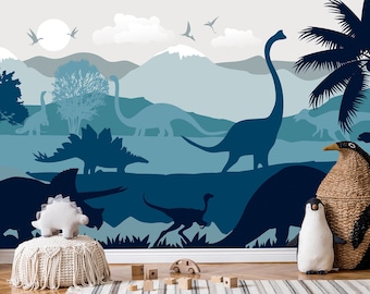 Dark Dinosaur Wallpaper Baby Boy Nursery Removable / Large Jurassic World Wall Mural Kids Bedroom / Playroom Wallpaper Wallcovering