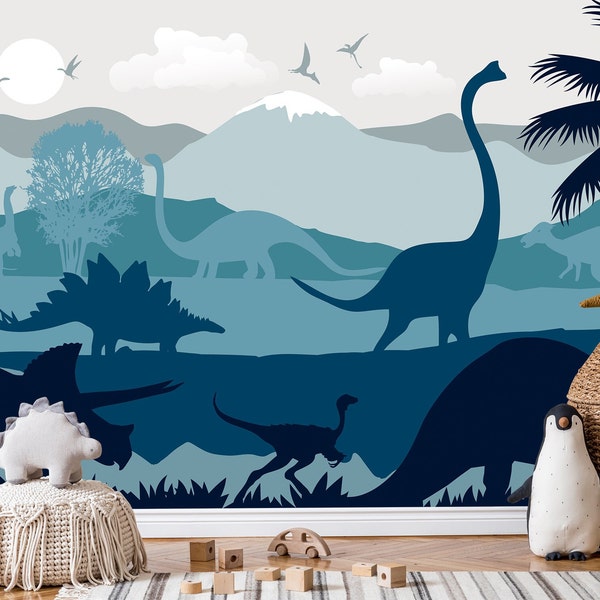 Dark Dinosaur Wallpaper Baby Boy Nursery Removable / Large Jurassic World Wall Mural Kids Bedroom / Playroom Wallpaper Wallcovering