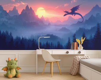 Magical Dragon Peel and Stick Wallpaper for Toddler Playroom Forest Mountain Mural Nursery Decor for Boys and Girls Bedroom Adventure Theme