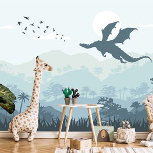 Green Ombre Watercolor Mountain Wallpaper Mural Kids Room Removable, Fairy Dragon Wall Mural Peel and Stick, Adhesive Non-Woven image 2