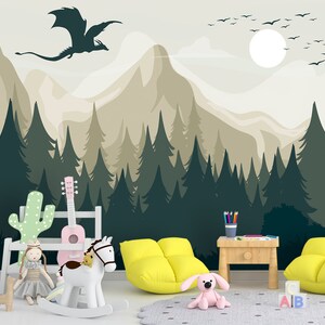Dragon Wallpaper Peel and Stick Toddler Bedroom, Mountains Landscape Wallpaper Mural Playroom Removable, Forest Wall paper Nursery, Adhesive