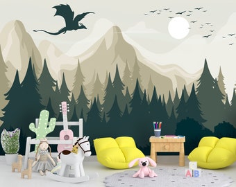 Dragon Wallpaper Peel and Stick Toddler Bedroom, Mountains Landscape Wallpaper Mural Playroom Removable, Forest Wall paper Nursery, Adhesive