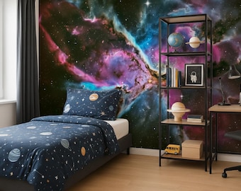 Cosmic Space Peel and Stick Wallpaper for Kids Room, Rainbow Galaxy Wall Mural Removable, Colorful Universe Bedroom Decor with Stars Nebula