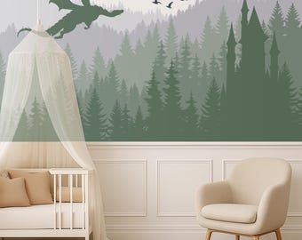 Enchanted Dragon Castle Wall Mural for Kids Room Removable, Mountain Wallpaper Peel and Stick, Forest Magic Nursery Decor, Fantasy Wall Art