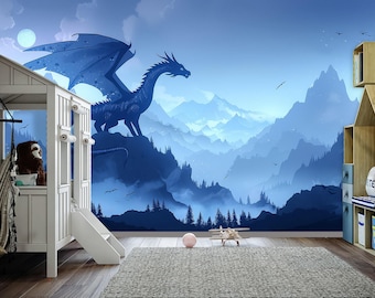 Dragon Wallpaper Peel and Stick Toddler Bedroom, Mountains Landscape Wallpaper Mural Playroom Removable, Forest Wall paper Nursery, Adhesive